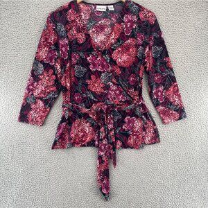 Chicos Top Womens 2 US Large Pink Floral Wrap Belted 3/4 Sleeves Stretch Knit